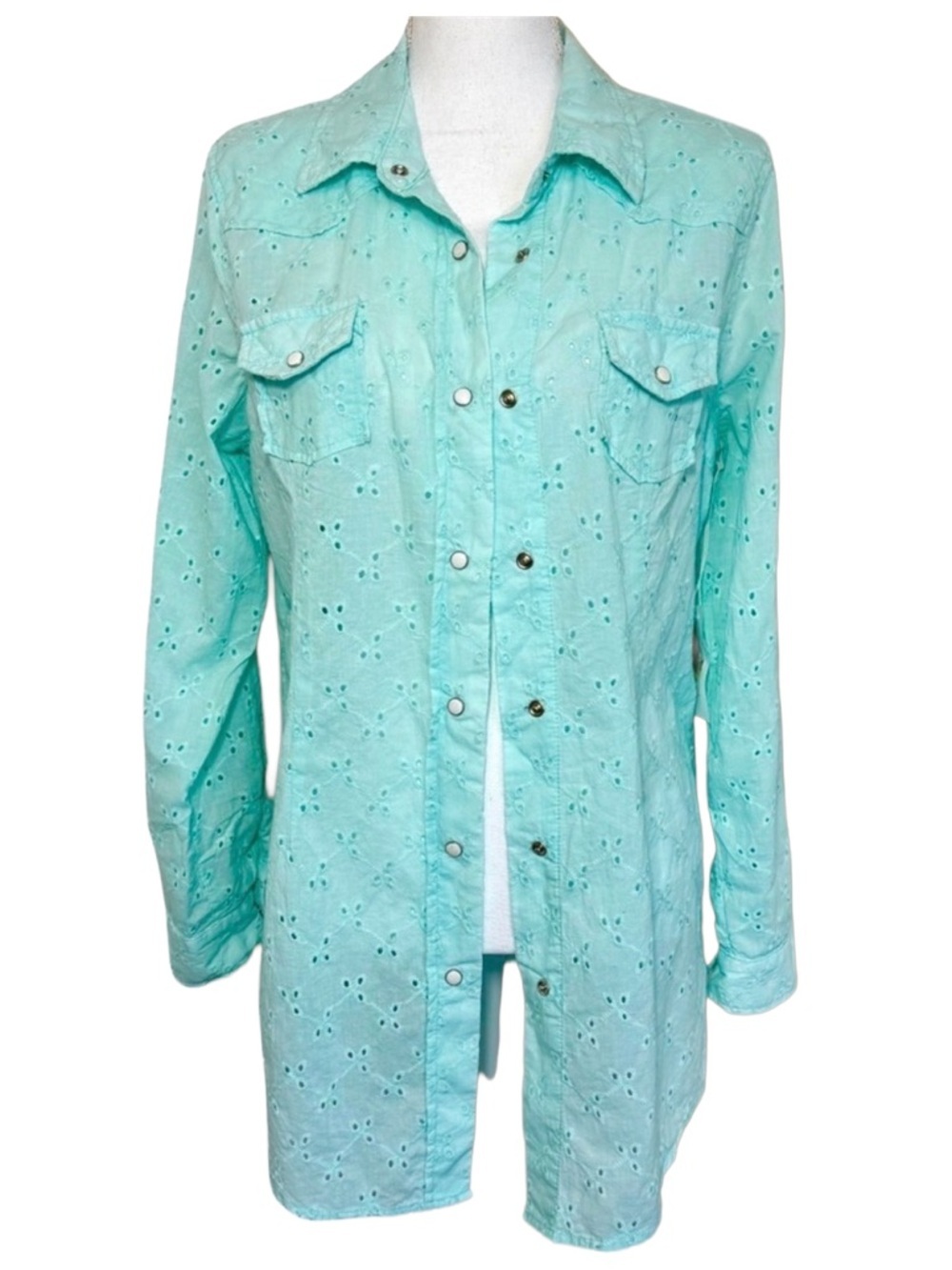 The Nu Vintage Womens Aqua Western Eyelet Button Down Shirt Large Cotton